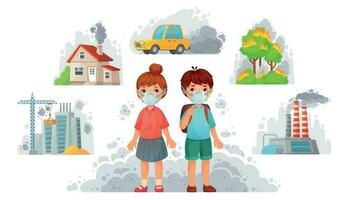 Children in N95 masks. Dirty environment protection, face mask protect from street smoke and PM2. 5 vector illustration