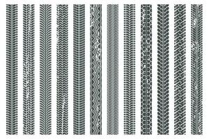 Tires tread tracks. Dirty tire track, grunge texture treads pattern and truck car trace vector illustration set