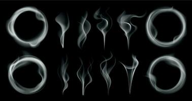 vapor fumar formas de fumar vapor arroyos, humeante vaping anillo y vapor olas translúcido realista 3d efecto aislado vector conjunto