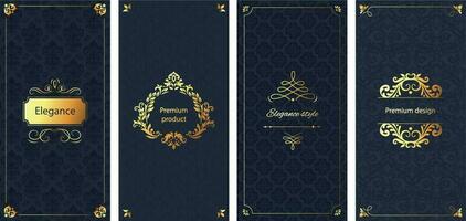 Elegant invitation. Decorative damask ornament pattern, golden frame and baroque ornate luxury brochure background vector set