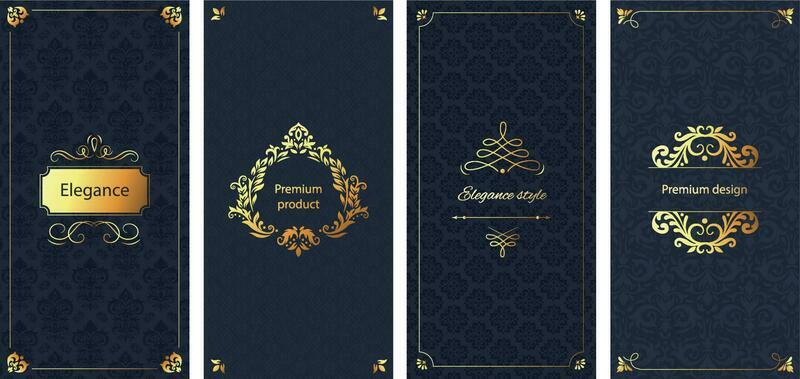 Elegant invitation. Decorative damask ornament pattern, golden frame and baroque ornate luxury brochure background vector set