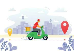 Food delivery. Express courier supply, carrier on freight scooter and parcel box route vector illustration