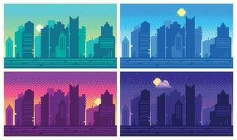 Pixel art cityscape. Town street 8 bit city landscape, night and daytime urban arcade game location vector