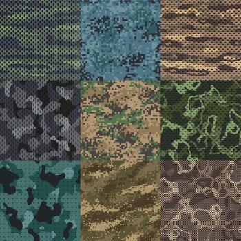 Khaki texture. Camouflage fabric seamless patterns, military clothes textures and army print vector pattern background