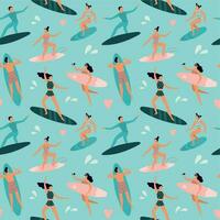 Beach surfing. Surfers with surfboards, surfer rides wave and summer outdoors surfboards seamless vector pattern illustration