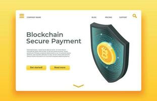 Blockchain secure payment landing page. Isometric shield vector web design