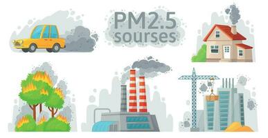 Air pollution source. PM 2.5 dust, dirty environment and polluted air sources infographic vector illustration