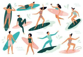 surf gente. tablista en pie en navegar junta, surfistas en playa y verano ola jinetes tablas de surf vector ilustración conjunto