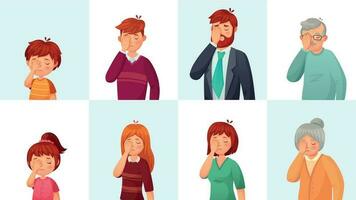 Facepalm gesture. Disappointed people embarrassed faces, hide face behind palm and shame gestures cartoon vector illustration