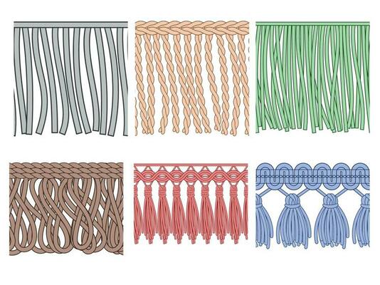 Fringe trim. Textile fringes, raw cloth edge and fashion garment frills. Seamless ruffles fiber vector patterns