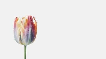 Beautiful Flower Composition of Water Droplet Tulip Isolated on White Background and Space for Message. Generative AI. photo