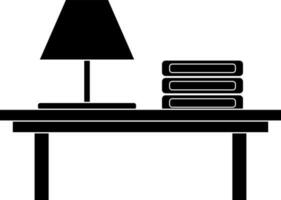 black and white books and lamp on table in flat style. vector