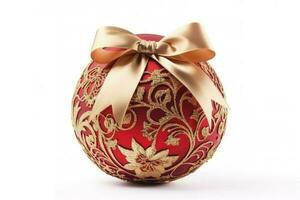 art Red Christmas ball with a beautiful bow and a golden pattern. christmas design element isolated on white background , generate ai photo
