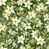Seamless green pattern with leaves and white flowers , generate ai photo