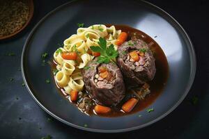 Traditional slow cooked German Wagyu beef roulades with gnocchetti sardi noodles in a spicy gravy as a top view on a Nordic design plate with copy space on the right, generate ai photo