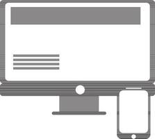 black and white computer screen with smartphone. vector