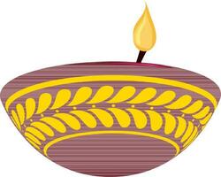 Illuminated oil lamp Diya with yellow floral design. vector