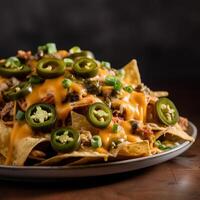 Plate of nachos pilled with melted cheese photo