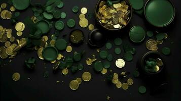 Saint Patrick's Day concept. Top view photo of leprechaun cap present boxes pot with gold coins bow-tie shamrocks and confetti on isolated green background with blank space , generate ai