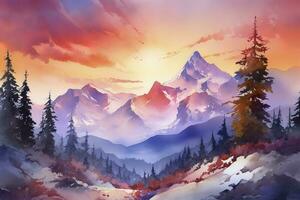 Paint a watercolor landscape of a mountain range with snow-capped peaks, featuring a vibrant sunset sky and intricate details of rocks and trees, generate ai photo