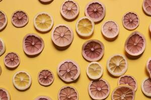 Uniform pattern of dried lemon slices with shadow on a pink background. Flat lay, generate ai photo