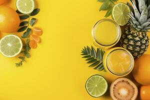 Add a pop of color to your summer marketing with this vibrant top view flat lay photo of citrus juice cocktails in glass jars, ananas, orange, kiwi set against a trendy yellow background, generate ai