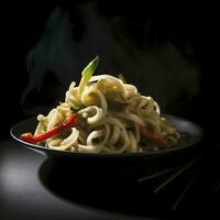 udon remover freír tallarines con pollo y vegetales en negro antecedentes. caliente wok con pollo humeante terminado lámina, generar ai foto