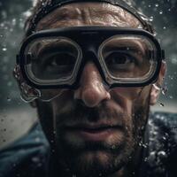 Man face underwater in waterproof glasses photo