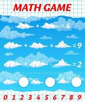 Math game worksheet, cartoon fluffy white clouds vector