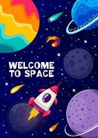 Cartoon space poster with rockets and planets vector