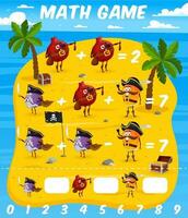 Math game worksheet with cartoon fruit pirates vector