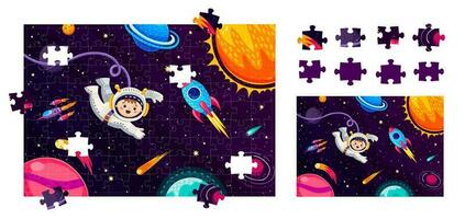 Cartoon space landscape and astronaut jigsaw game vector