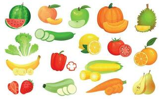 Sliced foods. Chopped vegetables and sliced fruit. Chop vegetable, fruits and berries slice cartoon vector illustration set