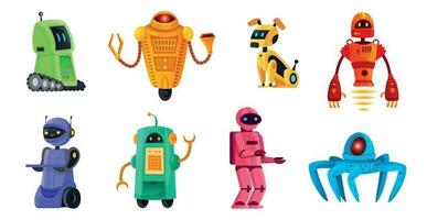 Cartoon robots. Robotics bots, robot pet and robotic android bot characters technology vector illustration set