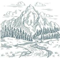 montañas río grabado. al aire libre viajar, montaña aventuras y serpiente ríos Clásico mano dibujado paisaje vector ilustración