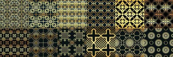 dorado Arábica adornos sin costura modelo. árabes moda, geométrico islámico ornamento y oro Ramadán marco patrones vector conjunto