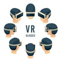 Head in vr glasses. Isometric virtual reality headset game or education experience. Isolated vector illustration set