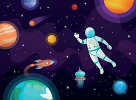 Cosmonaut in space. Astronaut spacecraft rocket in open space, universe planets and planetary cartoon vector background illustration