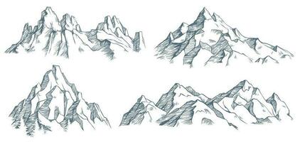 montañas pico grabado. Clásico grabado bosquejo de Valle con montaña paisaje y antiguo bosque arboles vector ilustración
