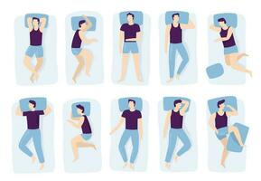 Man sleeping poses. Night sleep pose, asleep male positioning on bed and sleep position isolated vector illustration