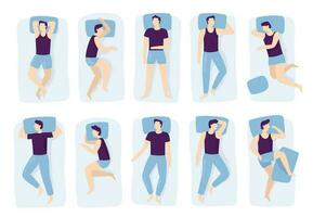 Man sleeping poses. Night sleep pose, asleep male positioning on bed and sleep position isolated vector illustration