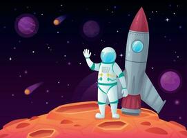 Astronaut in lunar surface. Rocket spaceship, space planet and outerspace travel spacecraft vector cartoon illustration