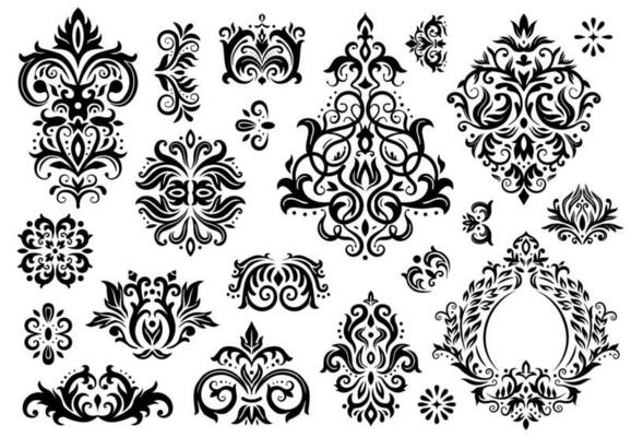 Damask ornament. Vintage floral sprigs pattern, baroque ornaments and victorian decor ornamental patterns vector illustration set