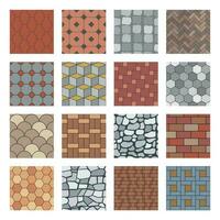 Paving stone pattern. Brick paver walkway, rock stones slab and street pavement floor block seamless vector patterns set