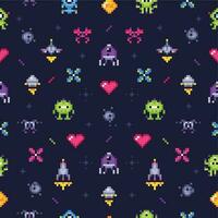 Old games seamless pattern. Retro gaming, pixels video game and pixel art arcade vector background illustration
