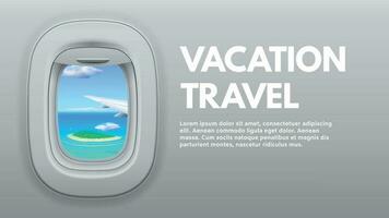 Airplane porthole view. Travel aircraft wing in window, traveler air plane and vacation traveling concept vector illustration