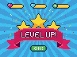 Level Up screen. Pixel video game achievement, pixels 8 bit games ui and gaming level progress vector illustration