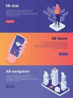 Mobile augmented reality. Isometric virtual AR device entertainment banners vector concept illustration