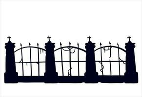 Old fence of cemetery. Halloween decoration. Black silhouette of gloomy wall. Flat illustration isolated on white vector