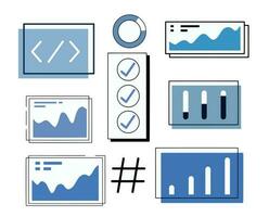 Set of UI and UX icons. Simple minimalistic elements of web design. Graph columns are curve diagrams. vector